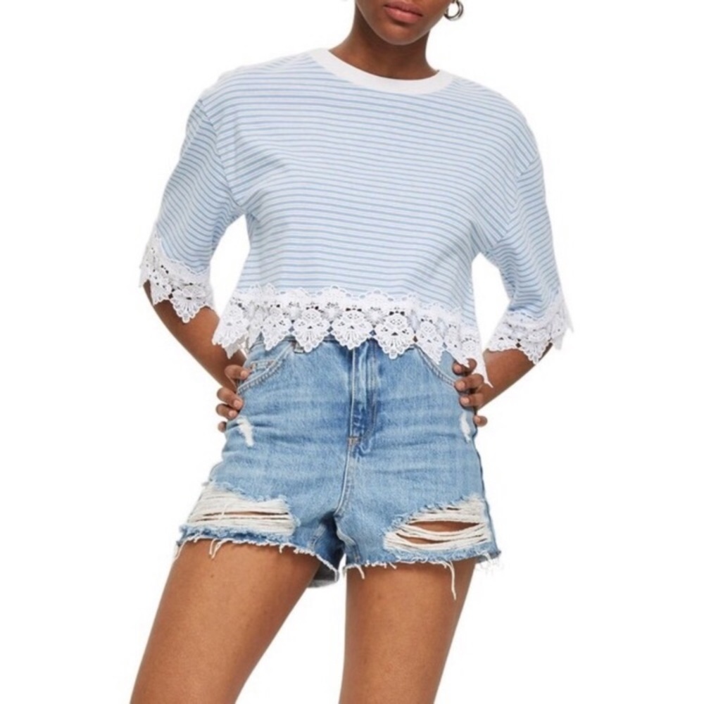 TOPSHOP Stripe Lace Hem Crop Top